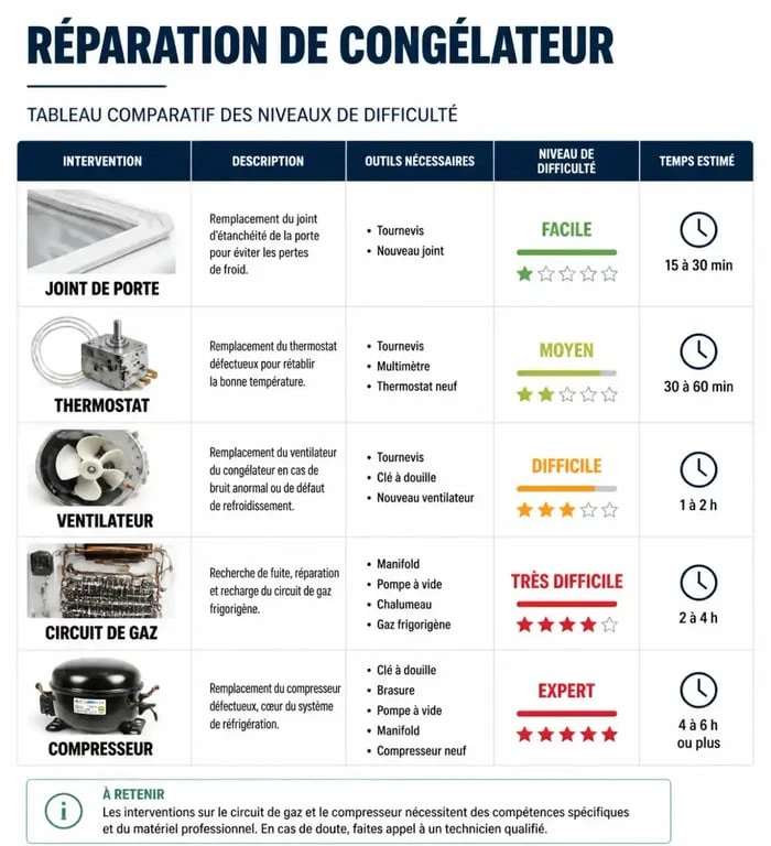 Tableau comparatif des réparations de congélateur : DIY vs professionnel pour une réparation efficace.