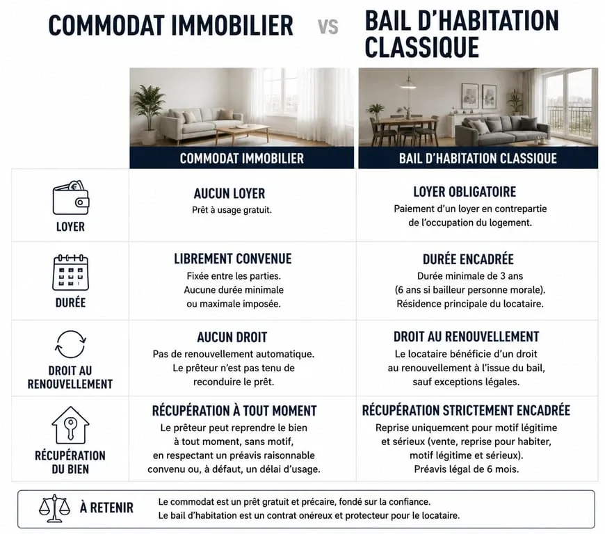 Infographie comparative entre commodat immobilier et bail d'habitation