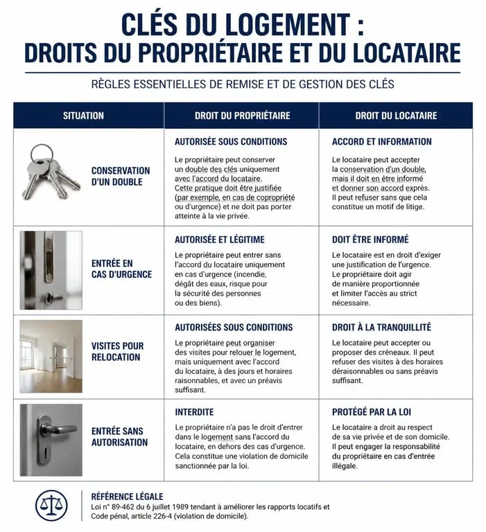 Tableau comparatif des droits et obligations du propriétaire et du locataire sur la gestion des clés de location
