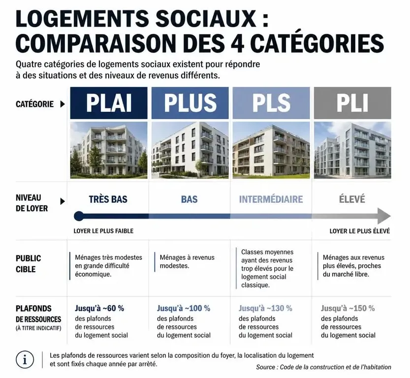 Infographie comparative des catégories de logement social PLAI, PLUS, PLS et PLI