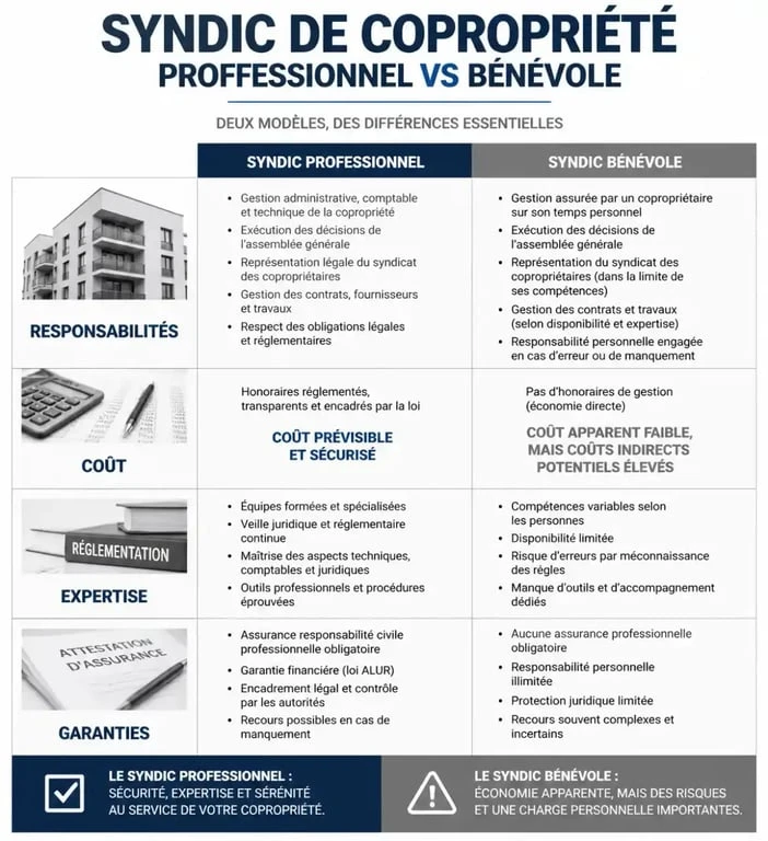 Infographie comparative entre syndic de copropriété professionnel et bénévole