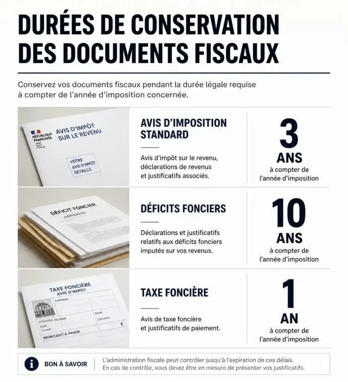 Infographie récapitulative des durées de conservation des avis d'imposition et documents fiscaux