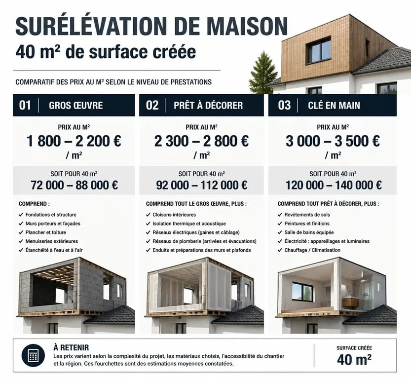Infographie comparative du prix d'une surélévation de maison de 40m2 selon le niveau de finition