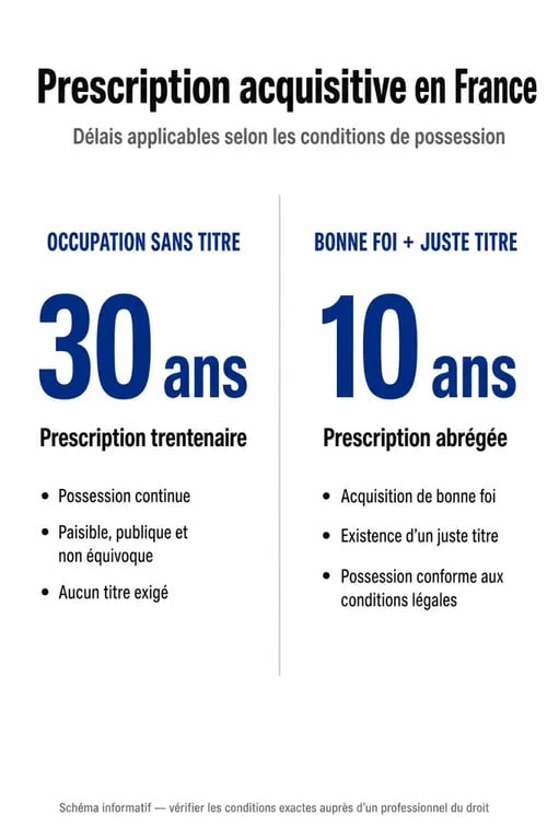 Infographie sur les délais de prescription acquisitive et l'usucapion en France pour les propriétaires