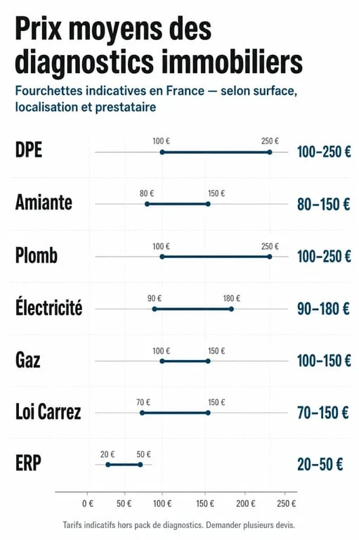 Infographie des prix moyens des diagnostics immobiliers obligatoires pour la vente ou la location