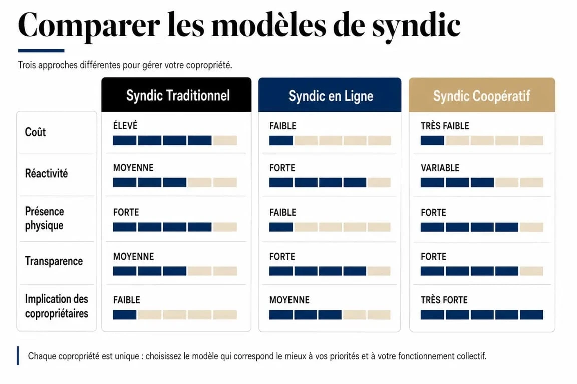 Infographie comparative des modèles de syndic de copropriété pour choisir le meilleur gestionnaire