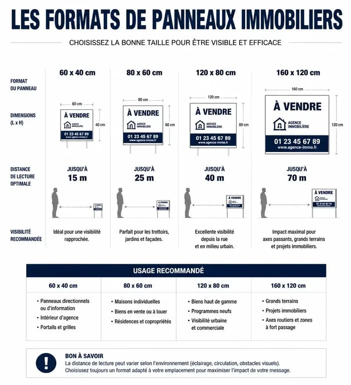Infographie comparative des formats de panneaux pour agence immobilière et distance de lecture