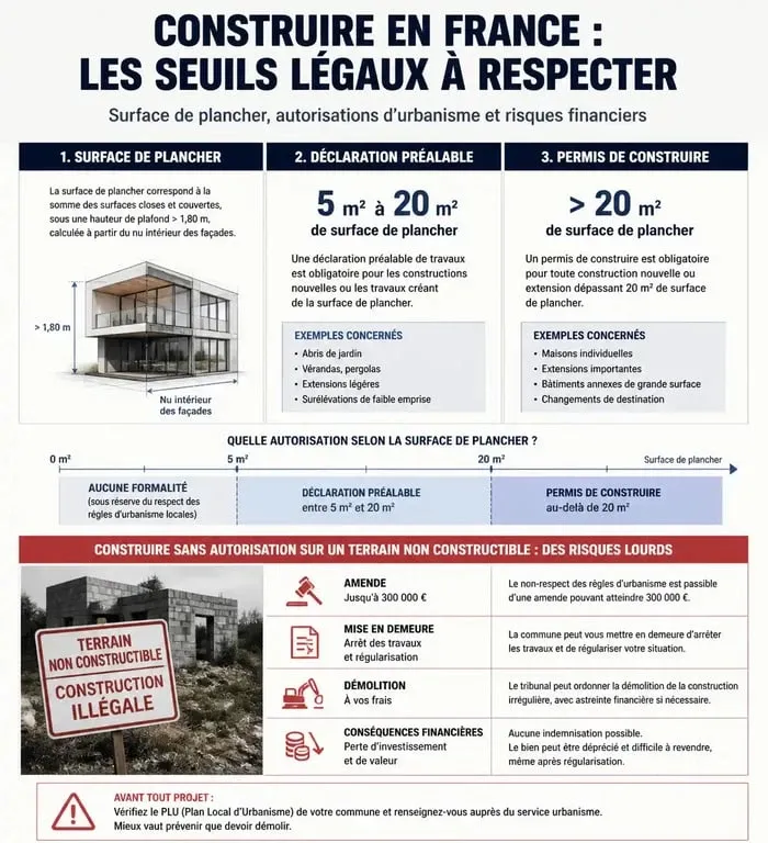 Infographie sur la réglementation des constructions sur terrain non constructible et risques juridiques