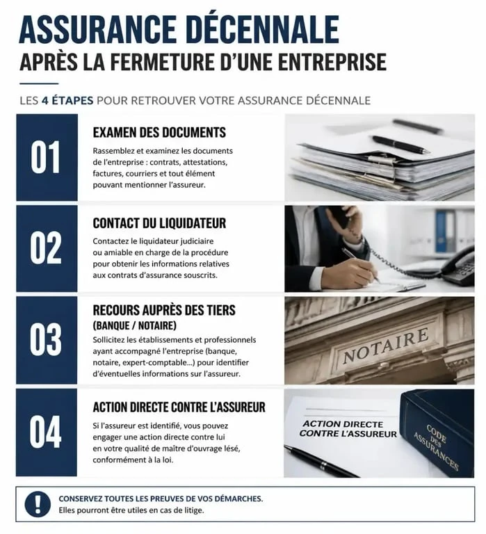 Infographie des démarches pour trouver l'assurance décennale d'une entreprise fermée