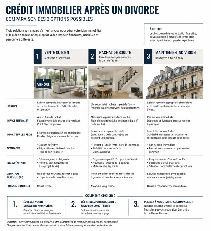 Infographie comparative des options pour un crédit immobilier en cours lors d'un divorce : vente, rachat de soulte ou indivision.