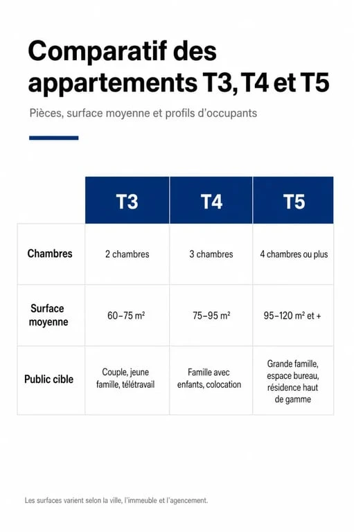 Infographie comparative des appartements T3, T4 et T5 : surfaces et usages pour choisir son futur appartement t4.