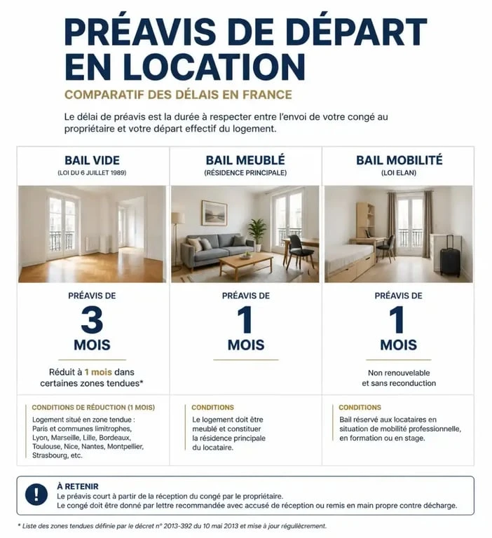 Tableau récapitulatif des délais de préavis pour le délai de rétractation bail et la résiliation en France