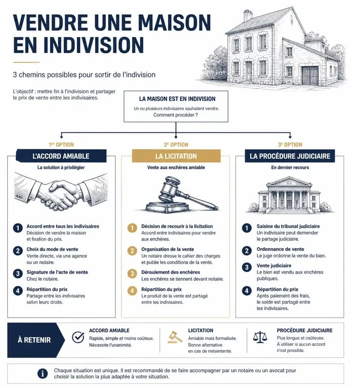 Schéma des étapes de la vente d'une maison en indivision entre frère et sœur