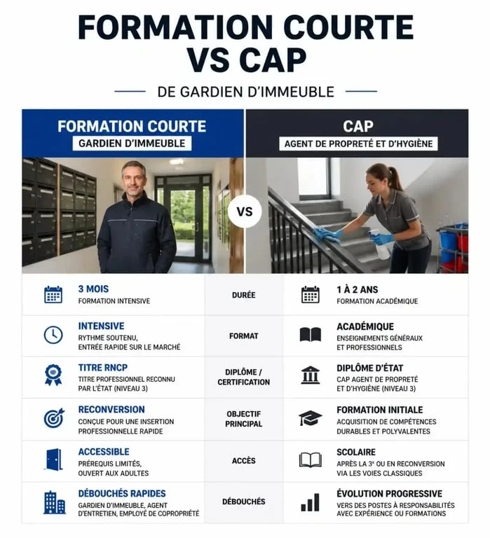 Comparatif entre formation courte et CAP pour devenir gardien d'immeuble