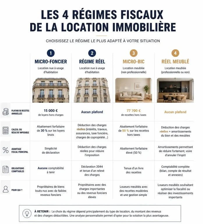 Infographie comparative des régimes fiscaux pour propriétaires louant leur appartement : Micro-foncier, Réel, Micro-BIC et Réel Meublé.