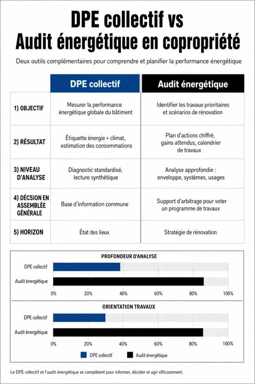 Tableau comparatif entre DPE collectif et audit énergétique en copropriété pour la rénovation énergétique