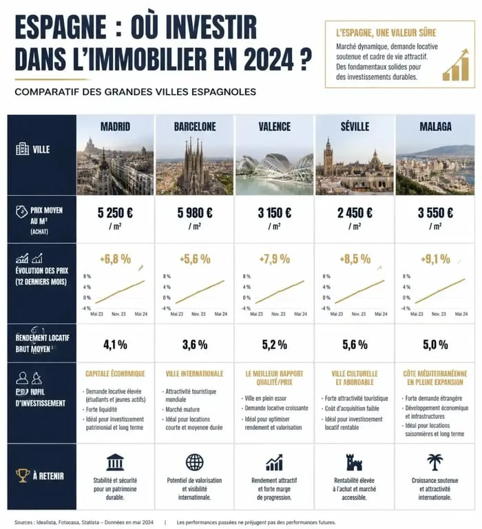 Infographie comparative des villes pour investir en immobilier en Espagne