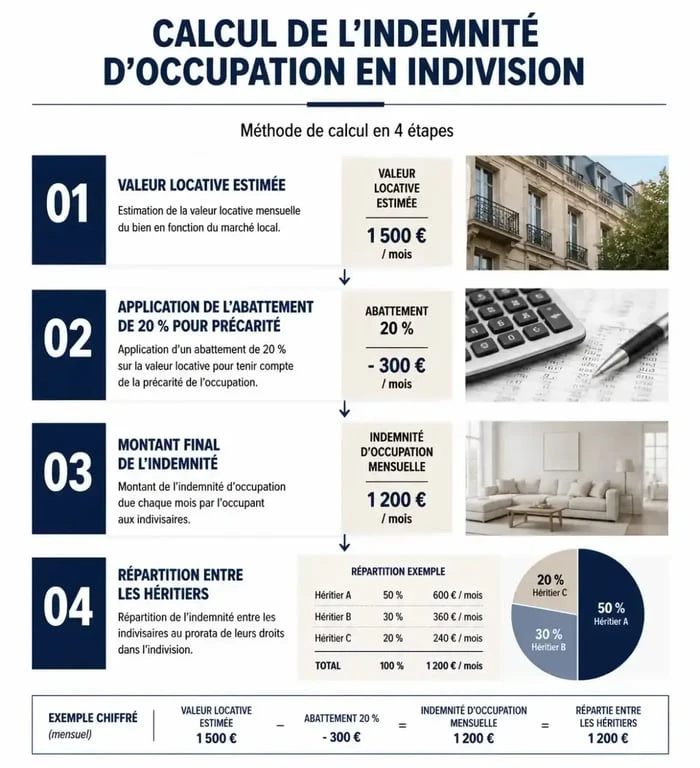 Infographie explicative du calcul de l'indemnité d'occupation pour une maison familiale en indivision