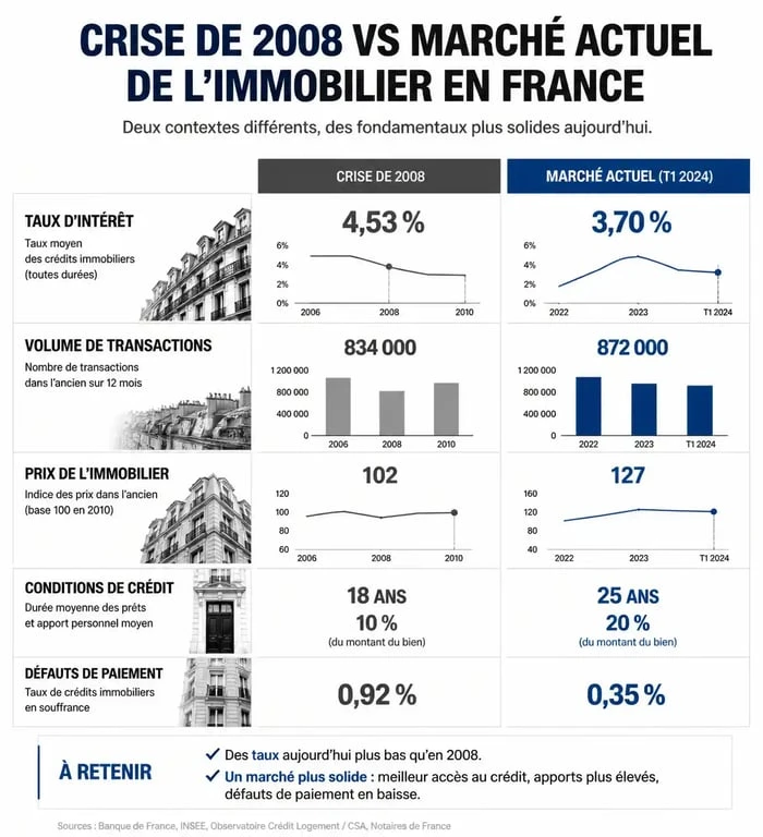 Infographie comparative sur le krach immobilier : 2008 vs aujourd'hui en France