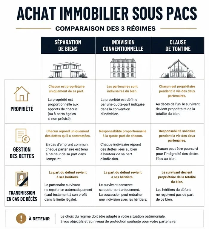 Comparatif des régimes d'achat immobilier sous PACS : séparation de biens, indivision et tontine