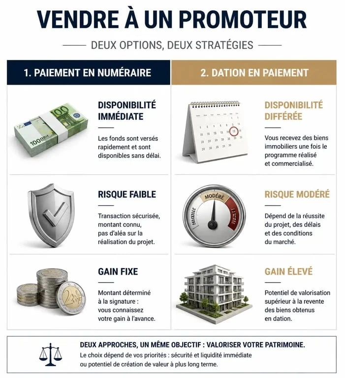 Comparatif des modes de paiement pour vendre à un promoteur : numéraire ou dation en paiement