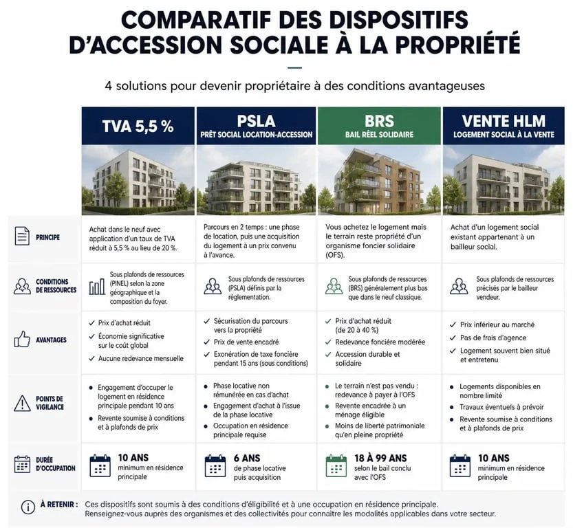 Tableau comparatif des dispositifs d'accession sociale à la propriété pour faciliter l'achat d'un logement.