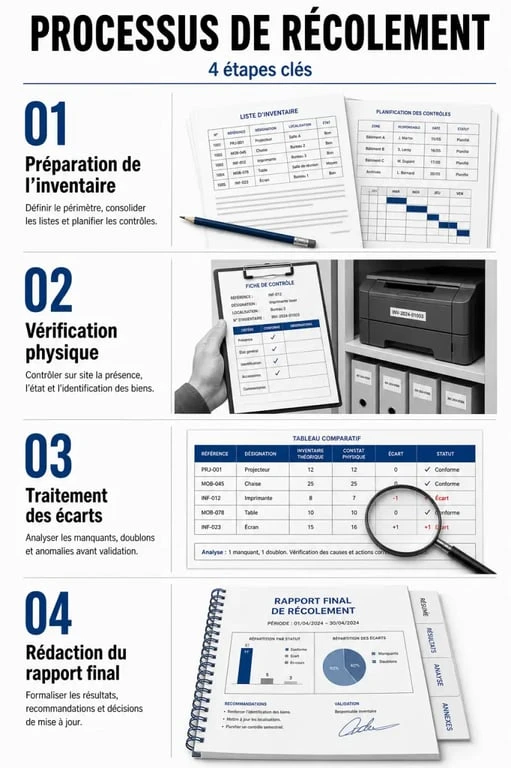 Infographie des étapes du processus de récolement : préparation, vérification physique, traitement des écarts et rapport final