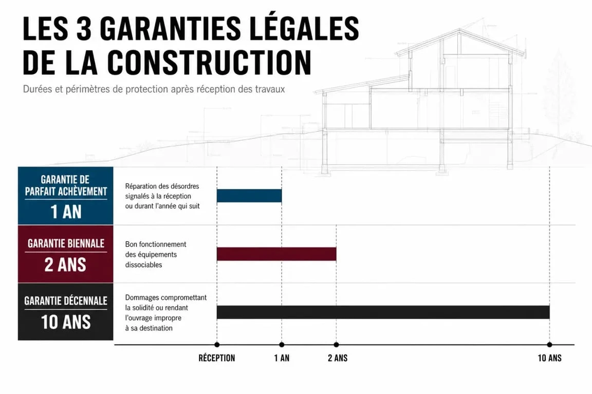 Infographie des garanties légales de construction : Parfait Achèvement, Biennale et Décennale pour les malfaçons des nouveaux constructeurs
