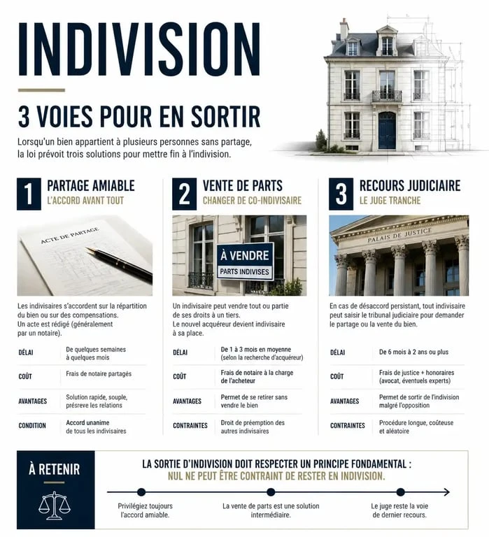 Schéma des étapes pour sortir d'une indivision immobilière