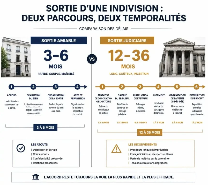 Infographie comparant les délais de sortie d'indivision amiable et judiciaire pour estimer combien de temps pour sortir de l'indivision
