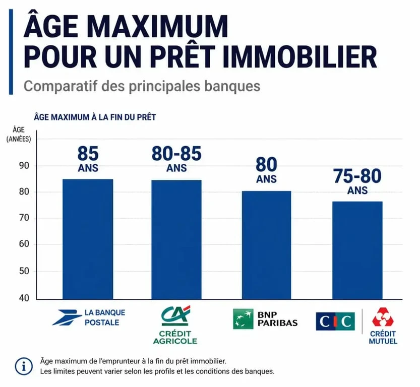 Tableau comparatif des âges limites de fin de prêt par banque pour les seniors cherchant quelle banque prête jusqu'à 85 ans