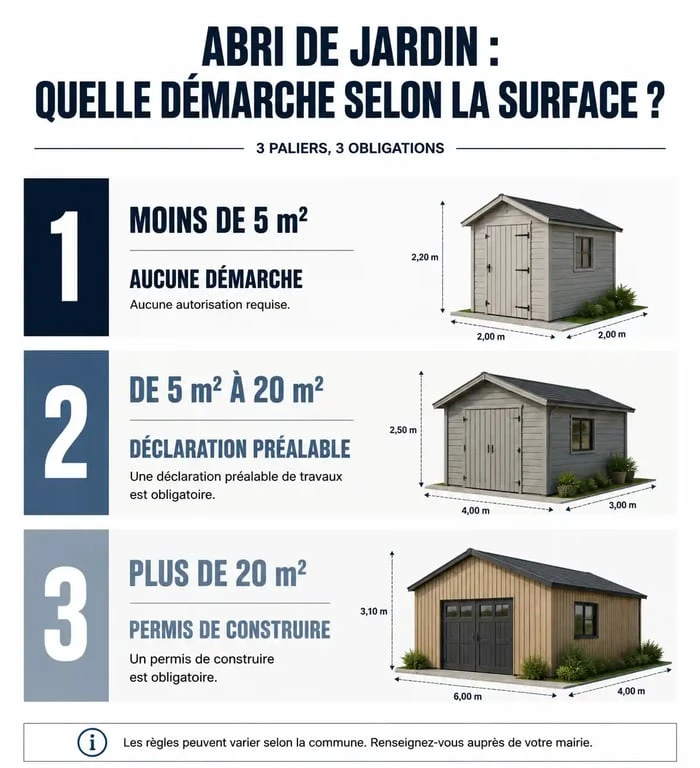 Infographie des seuils de déclaration de travaux pour un abri de jardin selon la surface