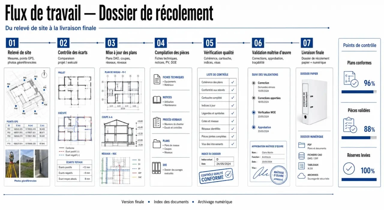 Schéma du processus de constitution et de remise d'un dossier de récolement dans le bâtiment