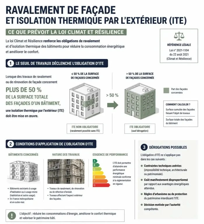 Infographie sur les obligations légales de ravalement de façade et isolation thermique par l'extérieur