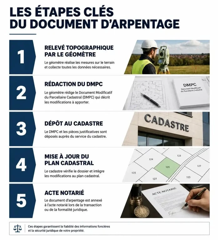 Infographie des étapes du document d'arpentage et du rôle du géomètre-expert pour une division parcellaire