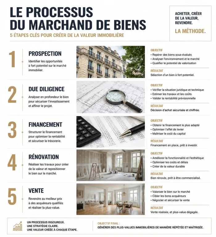 Infographie des étapes pour devenir marchand de biens