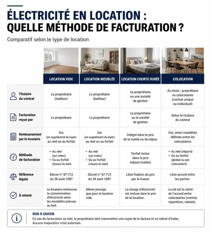 Tableau comparatif des méthodes pour facturer l'électricité au locataire selon le type de bail