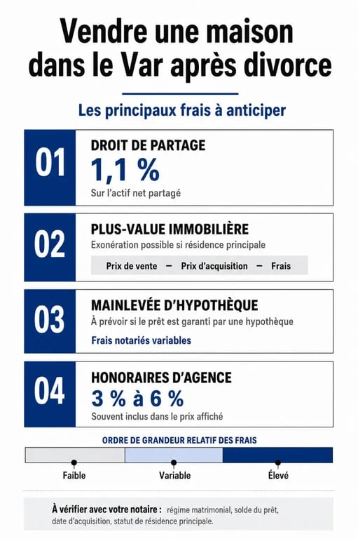 Infographie des frais de vente immobilière dans le Var en cas de divorce pour une vente urgente de maison