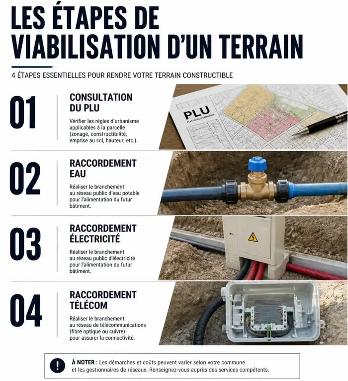 Étapes de la viabilisation d'un terrain pour raccordement eau, électricité et téléphone