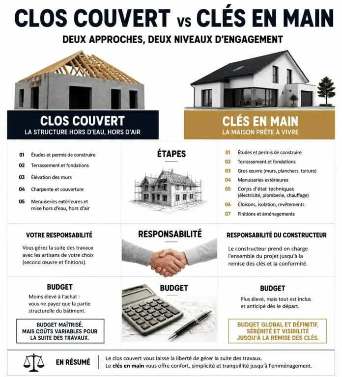 Tableau comparatif clos couvert vs clés en main pour la construction d'une maison