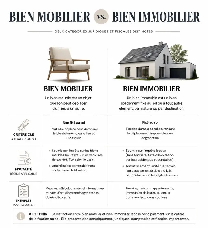 Infographie comparative : différence entre bien mobilier et bien immobilier pour la vente et la succession