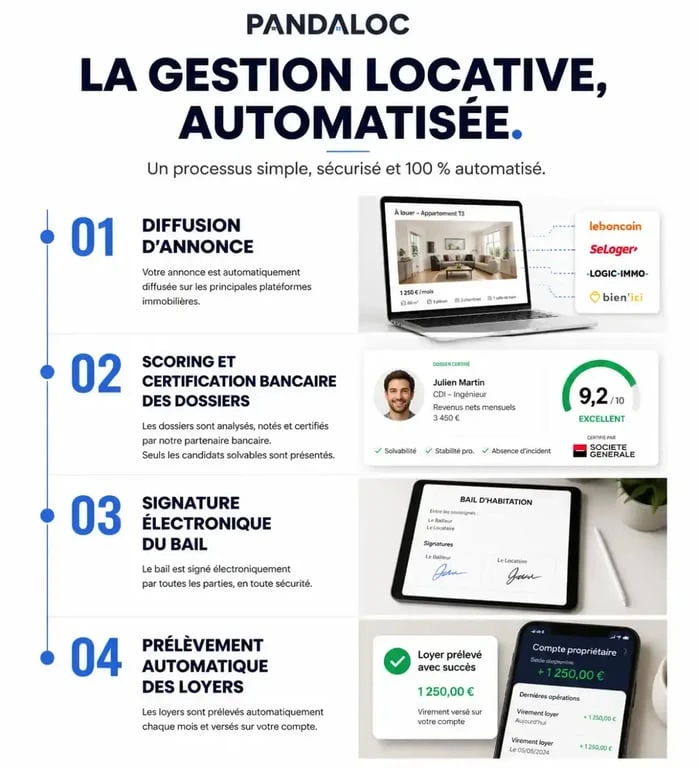 Schéma du processus de gestion locative automatisée avec Pandaloc