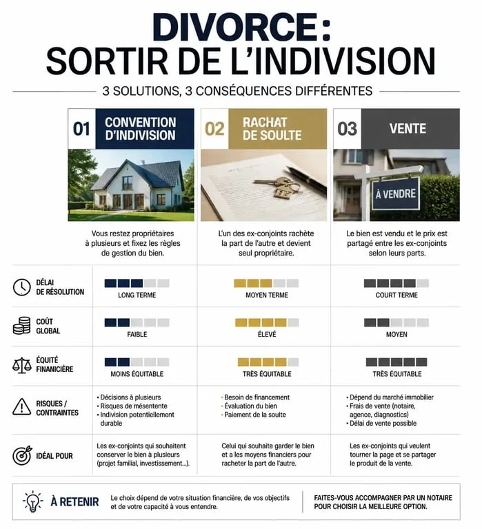 Tableau comparatif des options de gestion de l'indivision et divorce : convention, rachat de soulte et vente