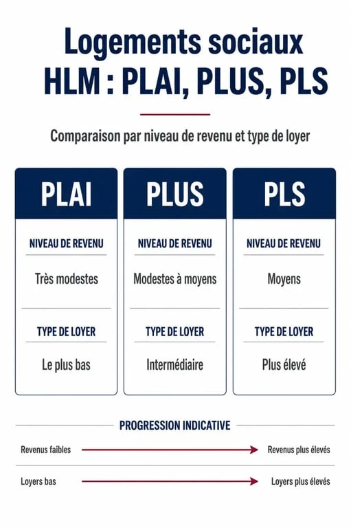 Infographie comparative des catégories de logements HLM : PLAI, PLUS et PLS