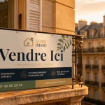 panneaux agence immobilière Akilux sur balcon parisien