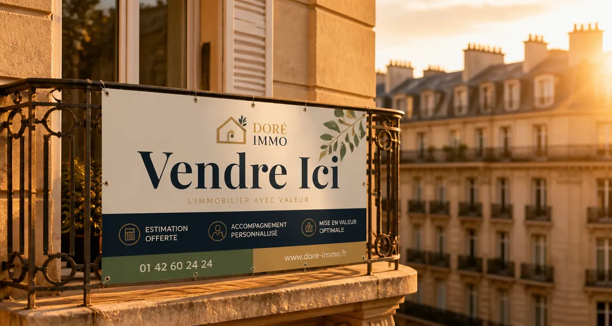 panneaux agence immobilière Akilux sur balcon parisien