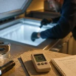 Réparation congélateur : diagnostic de panne, technicien vérifie le congélateur ouvert