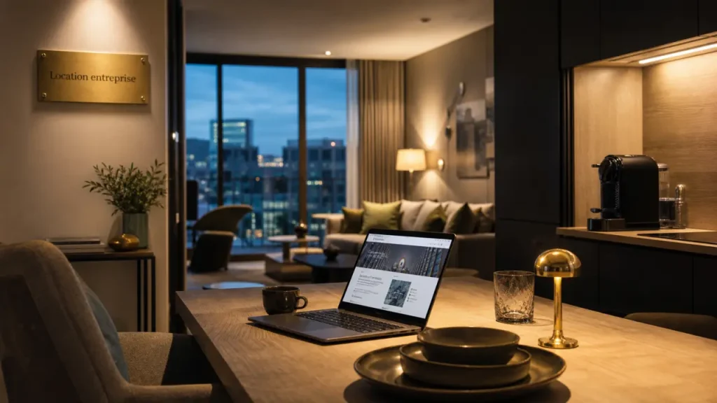 Appartehotel location entreprise : intérieur moderne avec cuisine et salon