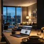 Appartehotel location entreprise : intérieur moderne avec cuisine et salon