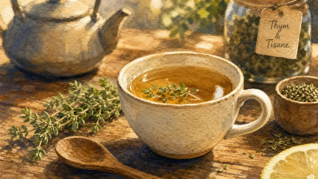 Bienfait du thym en tisane : tasse ambrée au thym, apaiser la toux et la gorge
